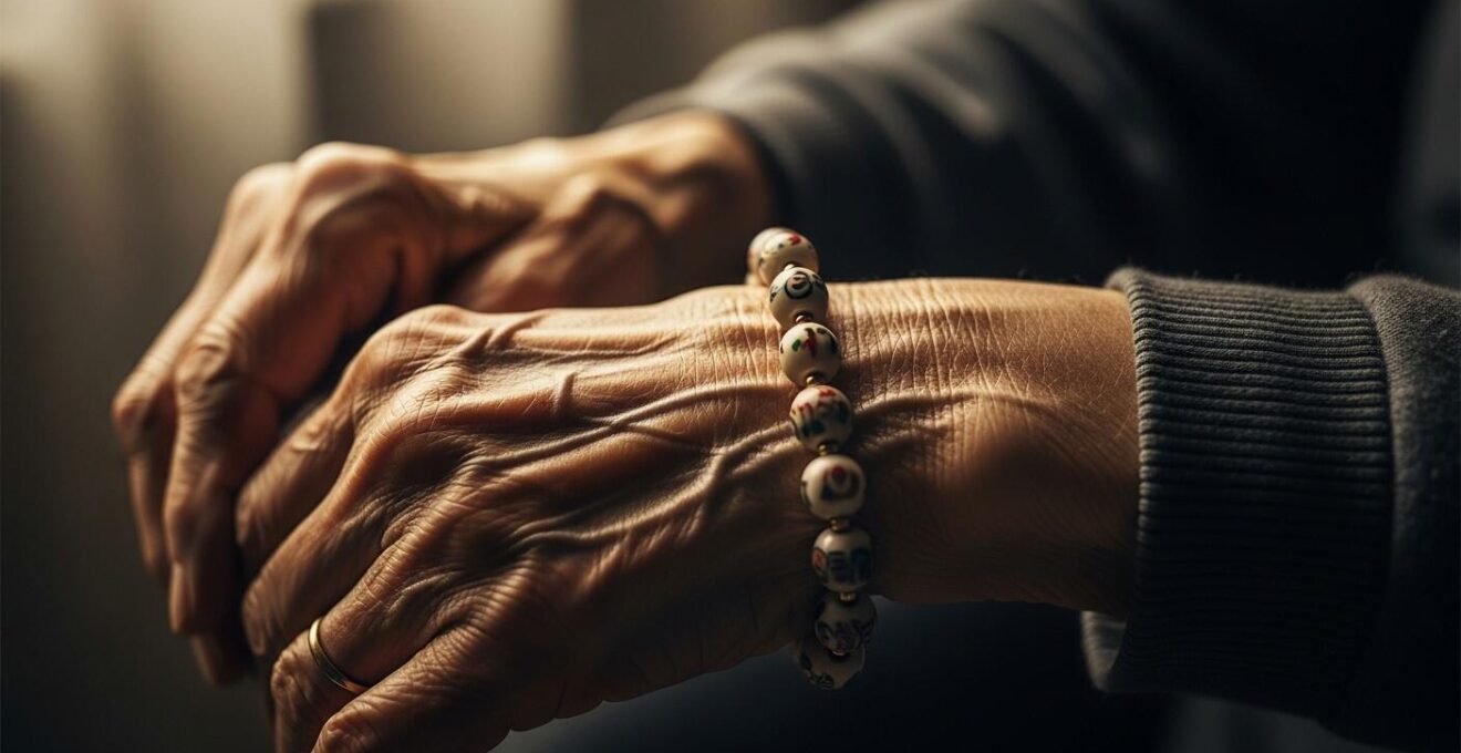 Gros plan sur les mains d'une senior portant un bracelet en perles anciennes, symbole d'histoire personnelle