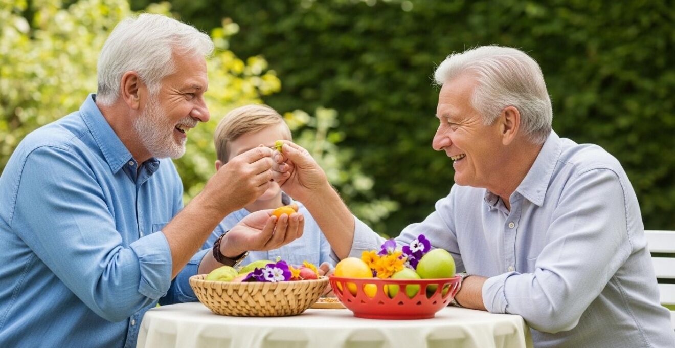 Un senior et un proche partageant une activité sensorielle, dégustant ensemble dans un jardin paisible