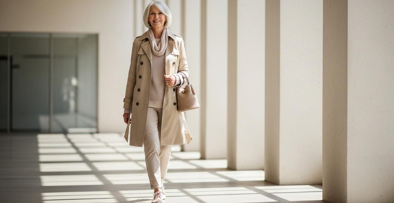 Femme senior élégante souriante alliant confort et style dans un cadre urbain lumineux