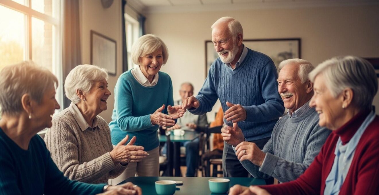Seniors joyeux en groupe autour d'une activité sociale dans un club ou association, symbolisant le lien social et le bien-être.