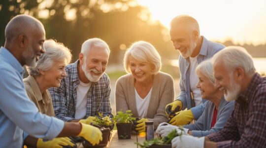 Un groupe de seniors engagés dans une activité de bénévolat, souriants et chaleureux, incarnant le partage et le sens de la retraite active.