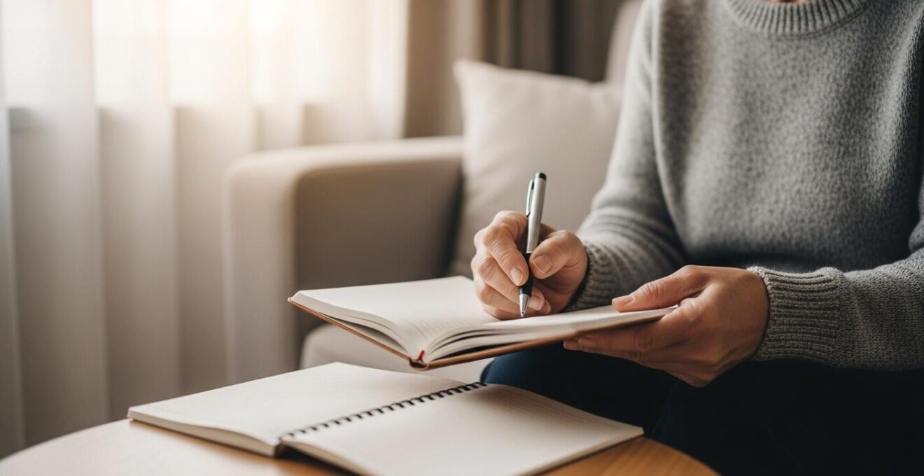 Personne senior en réflexion paisible avec carnet et stylo dans un cadre serein, symbolisant le bilan personnel