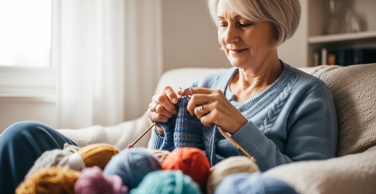 Un senior souriant réalisant une activité manuelle telle que le tricot, dans un environnement apaisant et lumineux, symbolisant la joie et la détente.
