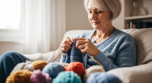Un senior souriant réalisant une activité manuelle telle que le tricot, dans un environnement apaisant et lumineux, symbolisant la joie et la détente.