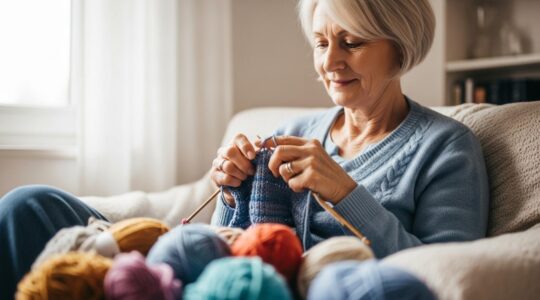 Un senior souriant réalisant une activité manuelle telle que le tricot, dans un environnement apaisant et lumineux, symbolisant la joie et la détente.