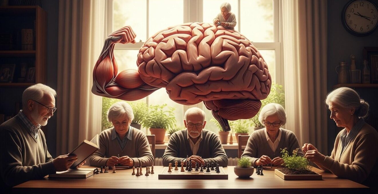 Illustration symbolique d'un cerveau stylisé sous forme de muscle en pleine activité, entouré de personnes seniors engagées dans diverses activités cognitives et créatives