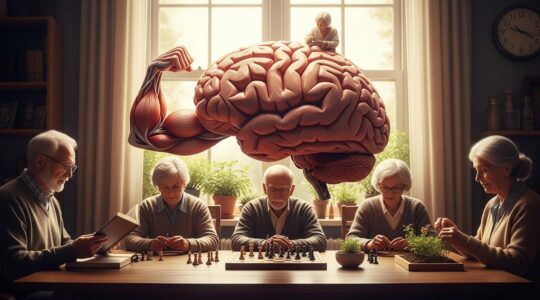 Illustration symbolique d'un cerveau stylisé sous forme de muscle en pleine activité, entouré de personnes seniors engagées dans diverses activités cognitives et créatives