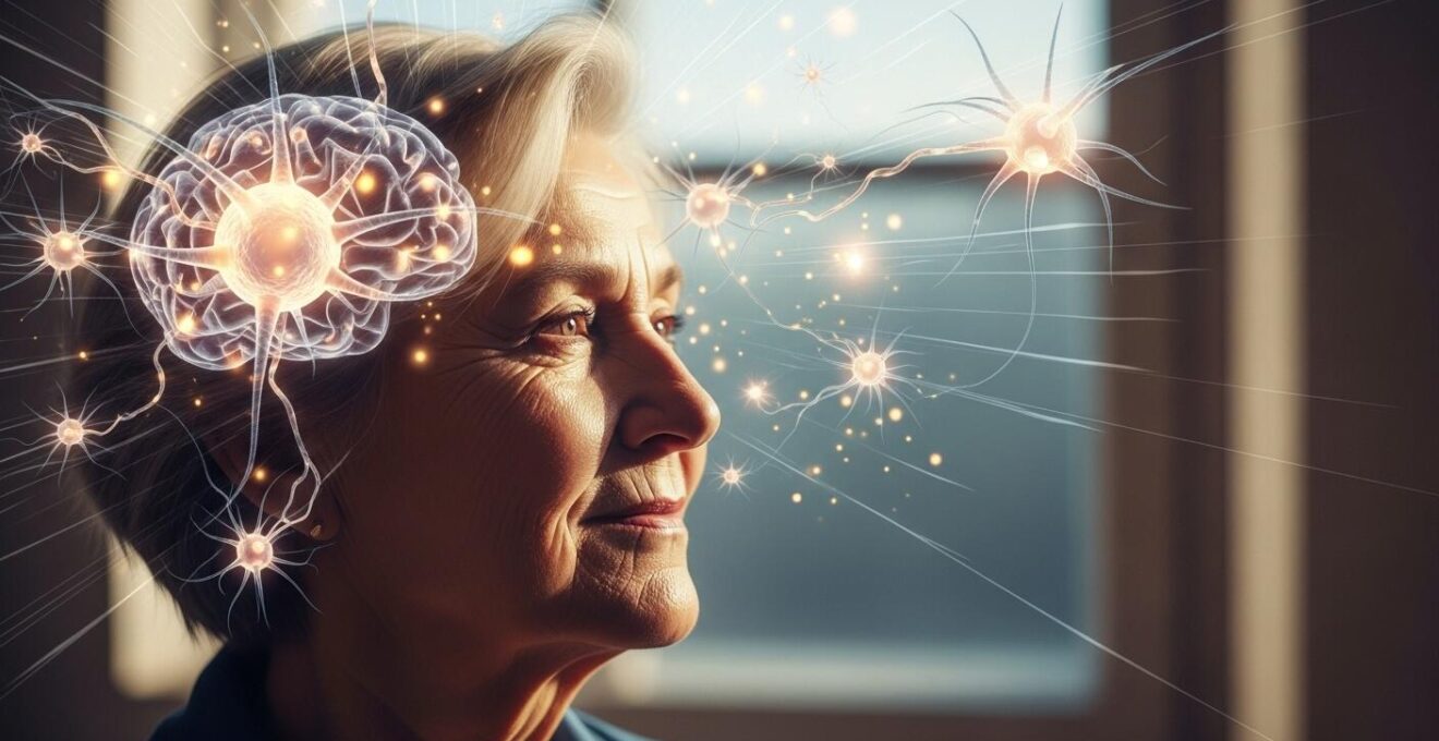 Un senior souriant avec des éléments symboliques de neurones et de pensées vives autour de sa tête, représentant un esprit vif et mature
