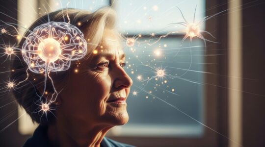 Un senior souriant avec des éléments symboliques de neurones et de pensées vives autour de sa tête, représentant un esprit vif et mature