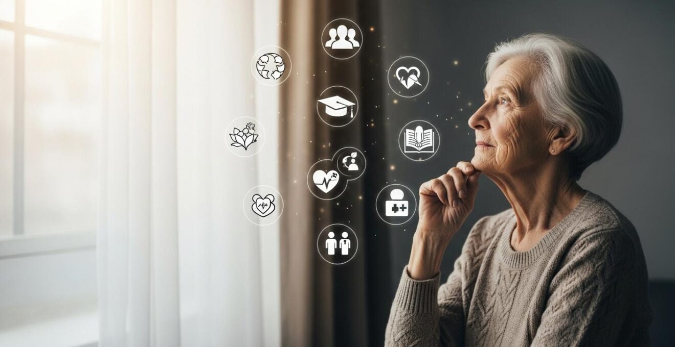 Persona senior réfléchissant à son engagement bénévole avec des symboles de différentes causes associatives autour d’elle.