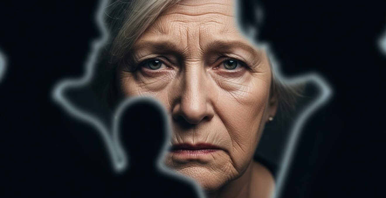 Un visage de senior avec expression fermée, entouré d’ombres symbolisant les comportements qui éloignent les amis, tel que la plainte et la solitude.
