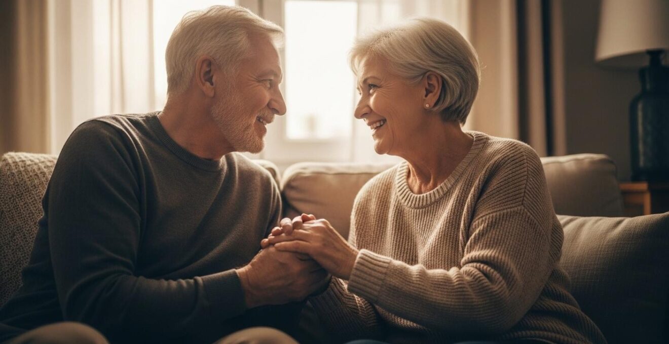 Deux seniors partageant un moment de complicite chaleureux et authentique dans un cadre paisible