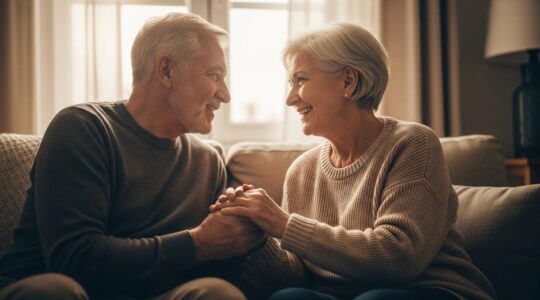 Deux seniors partageant un moment de complicite chaleureux et authentique dans un cadre paisible