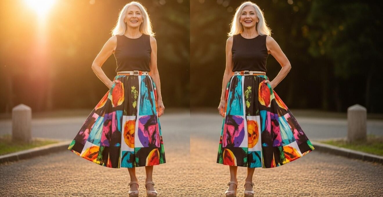 Femme senior portant une jupe midi fluide à imprimés vifs, avec des couleurs éclatantes illuminant son teint