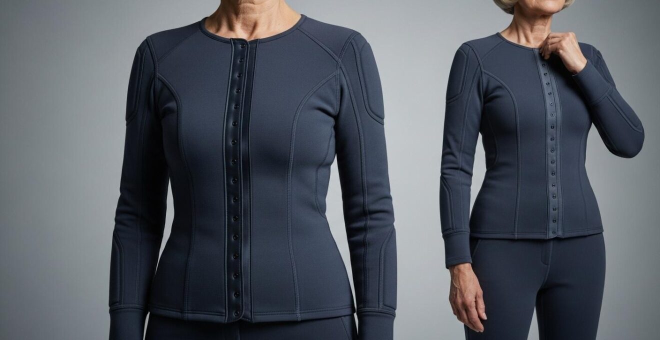 Femme senior élégante portant un vêtement ergonomique et stylé avec des lignes de force visibles