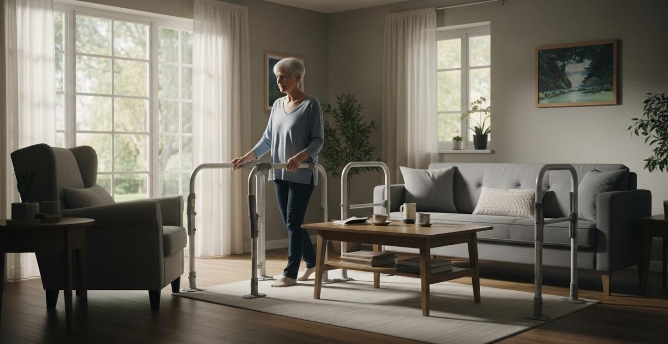 Un intérieur de maison sécurisé et adapté pour les seniors, illustrant confort, autonomie et sécurité.