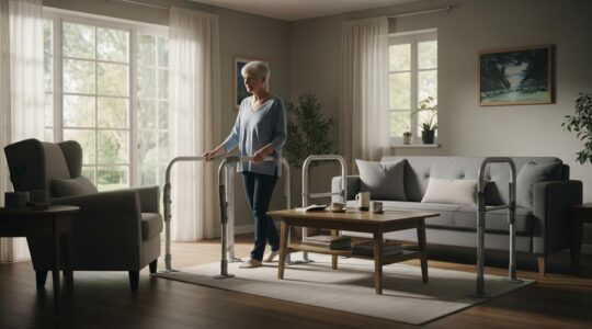 Un intérieur de maison sécurisé et adapté pour les seniors, illustrant confort, autonomie et sécurité.