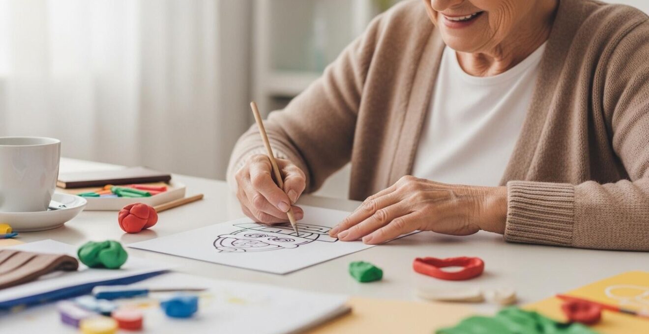Senior joyeuse expérimentant des exercices créatifs simples et ludiques comme le coloriage sans enjeu et le modelage d’argile dans un environnement détendu