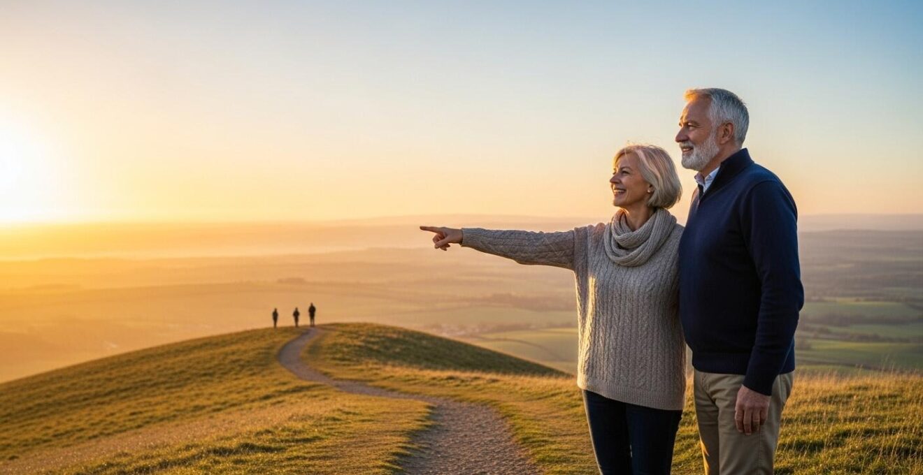 Un couple âgé souriant, debout sur une colline au lever du soleil, regardant un horizon ouvert, symbolisant l'espoir et la planification d'une vie épanouie après 60 ans.