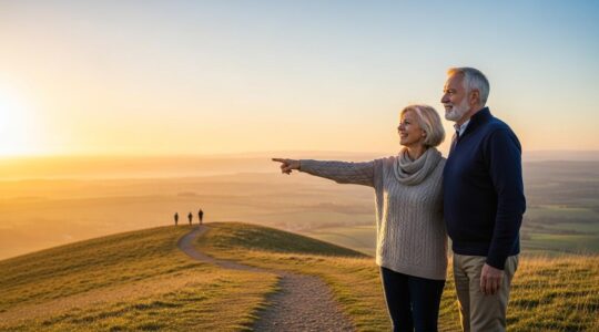 Un couple âgé souriant, debout sur une colline au lever du soleil, regardant un horizon ouvert, symbolisant l'espoir et la planification d'une vie épanouie après 60 ans.