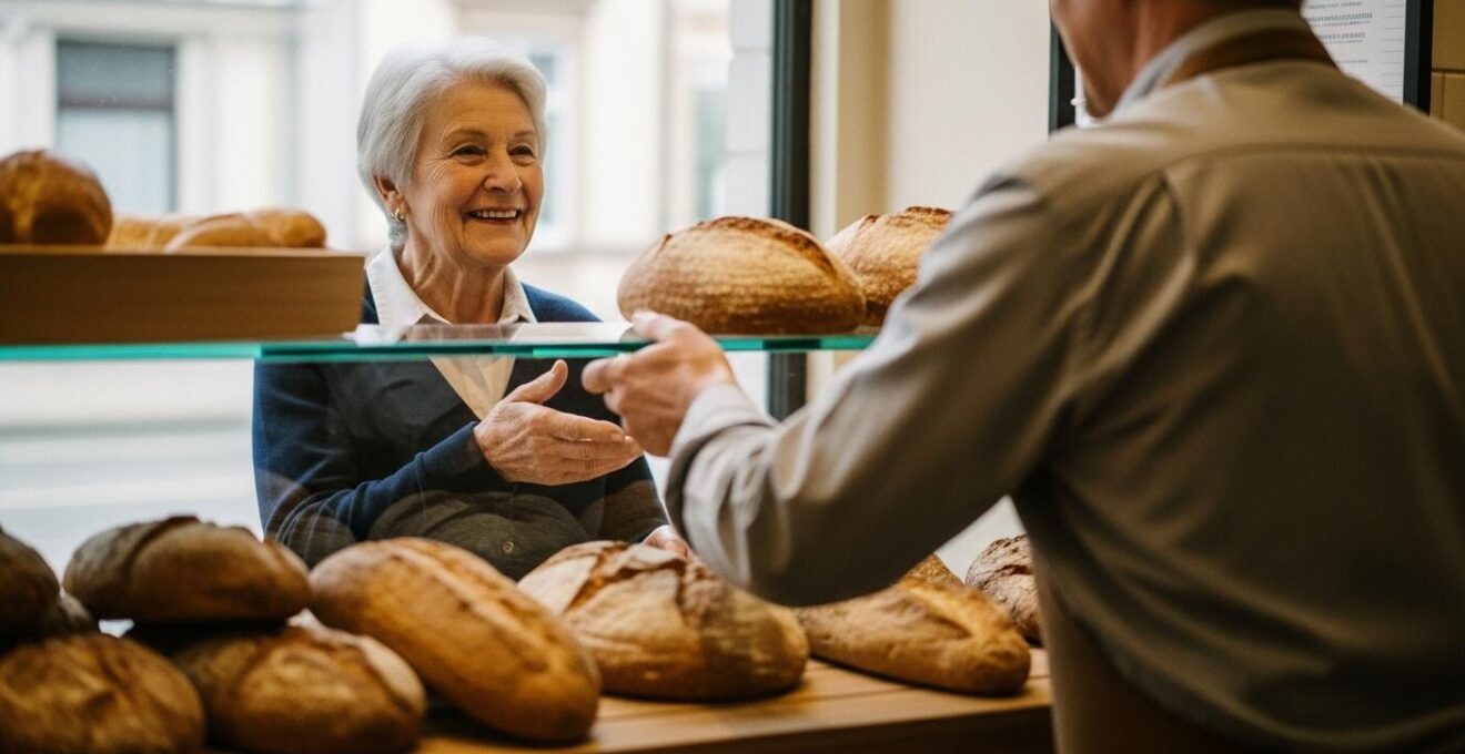 Une personne âgée discutant chaleureusement avec un commerçant dans une boulangerie, illustrant la valeur des interactions sociales quotidiennes.