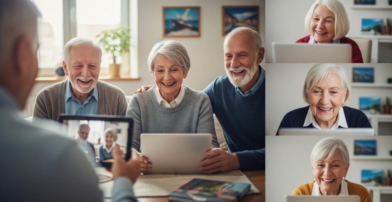 Groupe de seniors échangeant joyeusement via visioconférence, symbolisant le maintien des liens après un voyage collectif