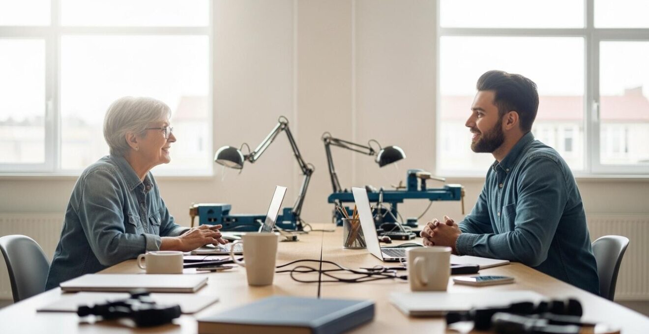 Un senior et un jeune adulte discutant ensemble dans un atelier collaboratif, illustrant un échange intergénérationnel bénéfique.