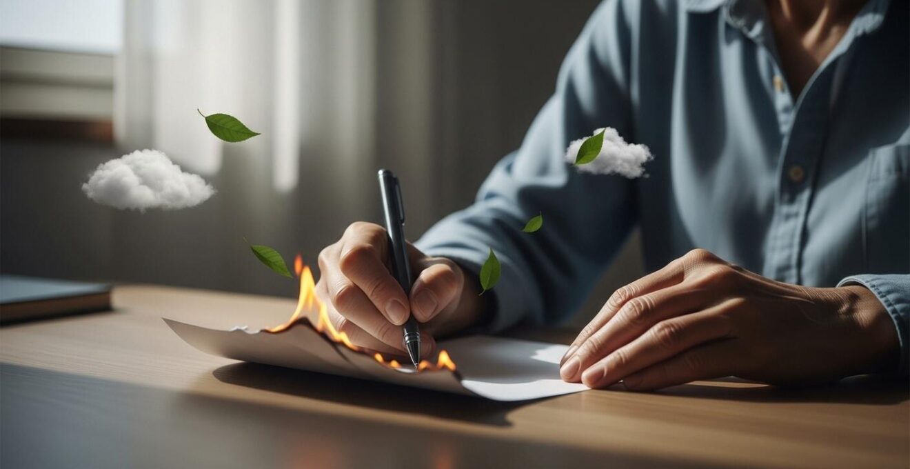 Personne senior appliquant des techniques de relaxation et écriture symbolique pour éliminer les pensées négatives