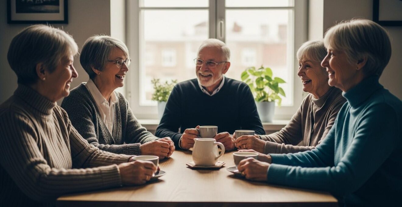 Un groupe de seniors réunis dans un salon chaleureux, partageant un café et souriant, créant un lien social fort.