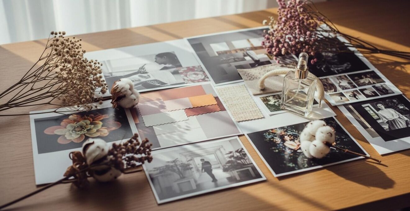 Un moodboard coloré et texturé composé d’images, échantillons de tissus, fleurs séchées et accessoires sensoriels disposés sur une table en bois clair