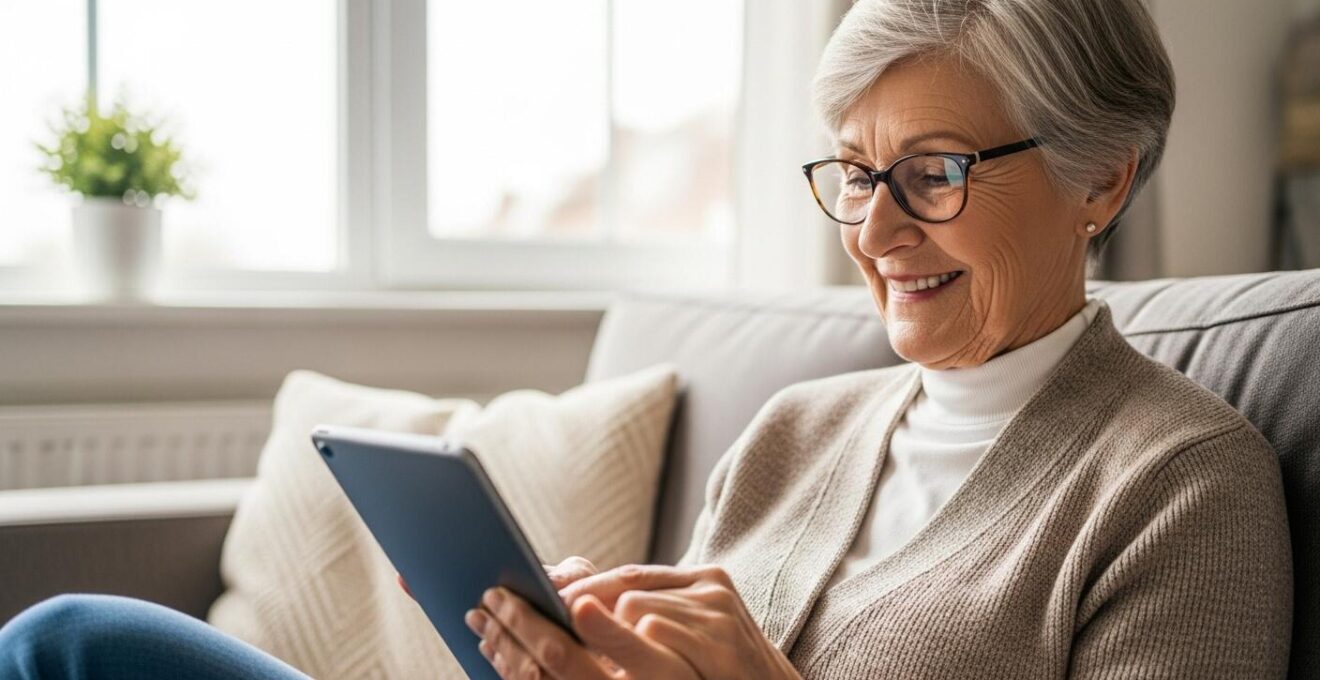 Une personne senior souriante utilisant sereinement une tablette tactile dans un environnement lumineux et convivial