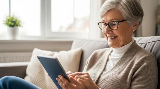 Une personne senior souriante utilisant sereinement une tablette tactile dans un environnement lumineux et convivial