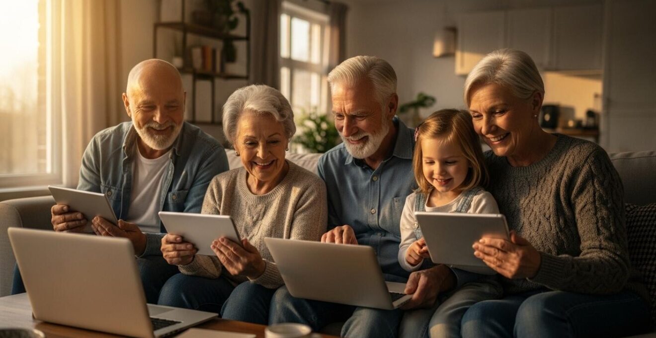 Une famille de plusieurs générations communiquant joyeusement grâce à des appareils numériques, symbolisant le lien familial renforcé par la technologie