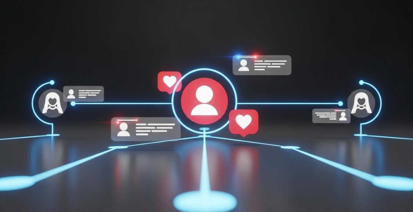 Illustration symbolique d’un algorithme digital interconnectant des profils seniors avec des icônes de cœurs et de filtres
