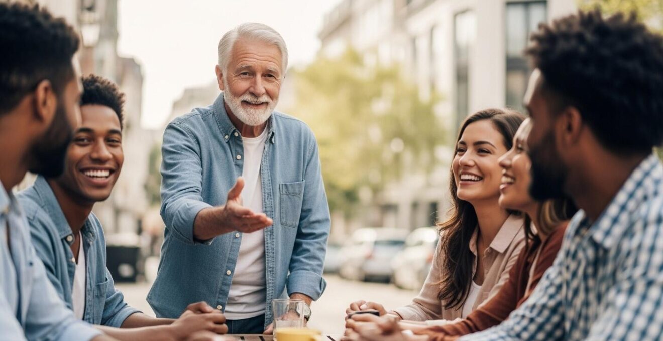 Un senior souriant propose une sortie décontractée à un groupe d'amis dans un cadre convivial, illustrant une invitation simple et sans pression.
