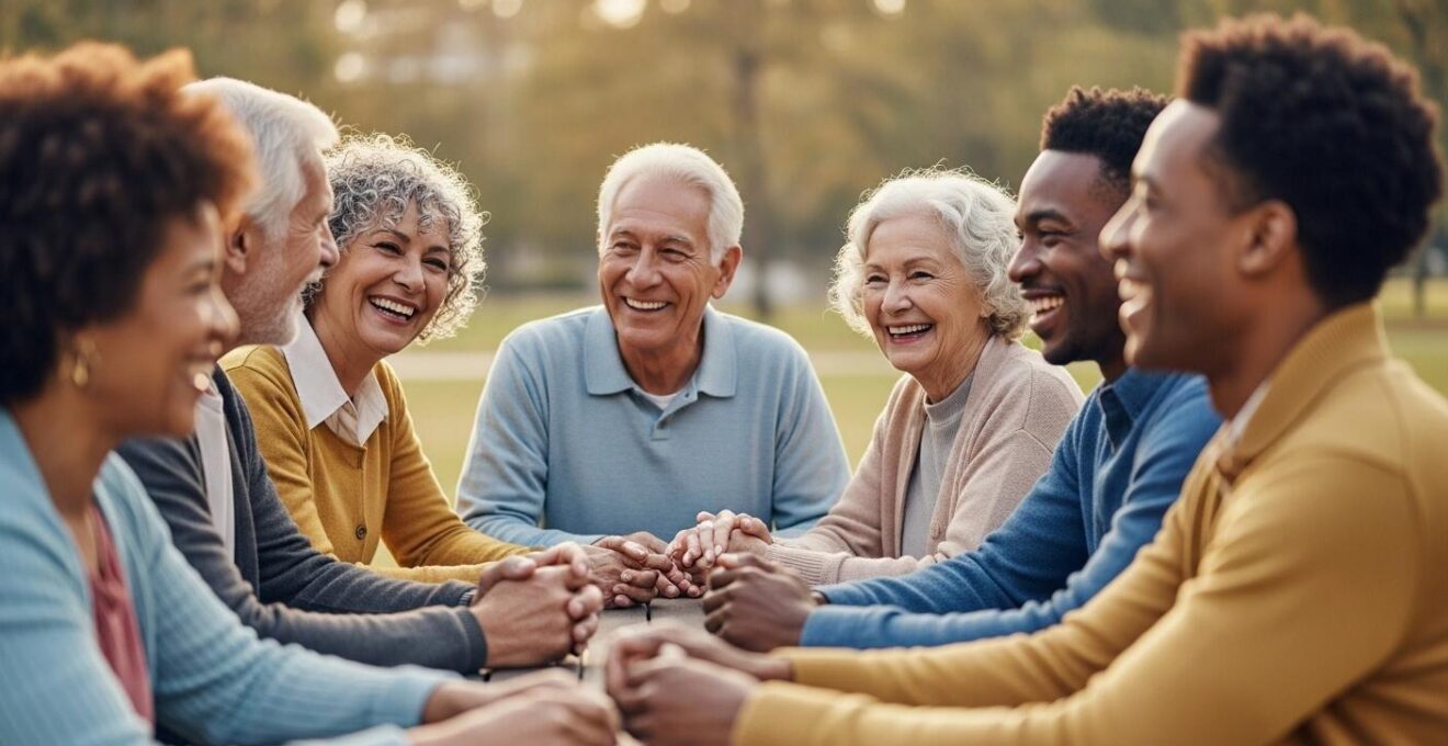 Groupe de seniors souriants réunis dans un club de loisirs, partageant une activité collective dans une ambiance chaleureuse et amicale