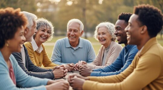 Groupe de seniors souriants réunis dans un club de loisirs, partageant une activité collective dans une ambiance chaleureuse et amicale