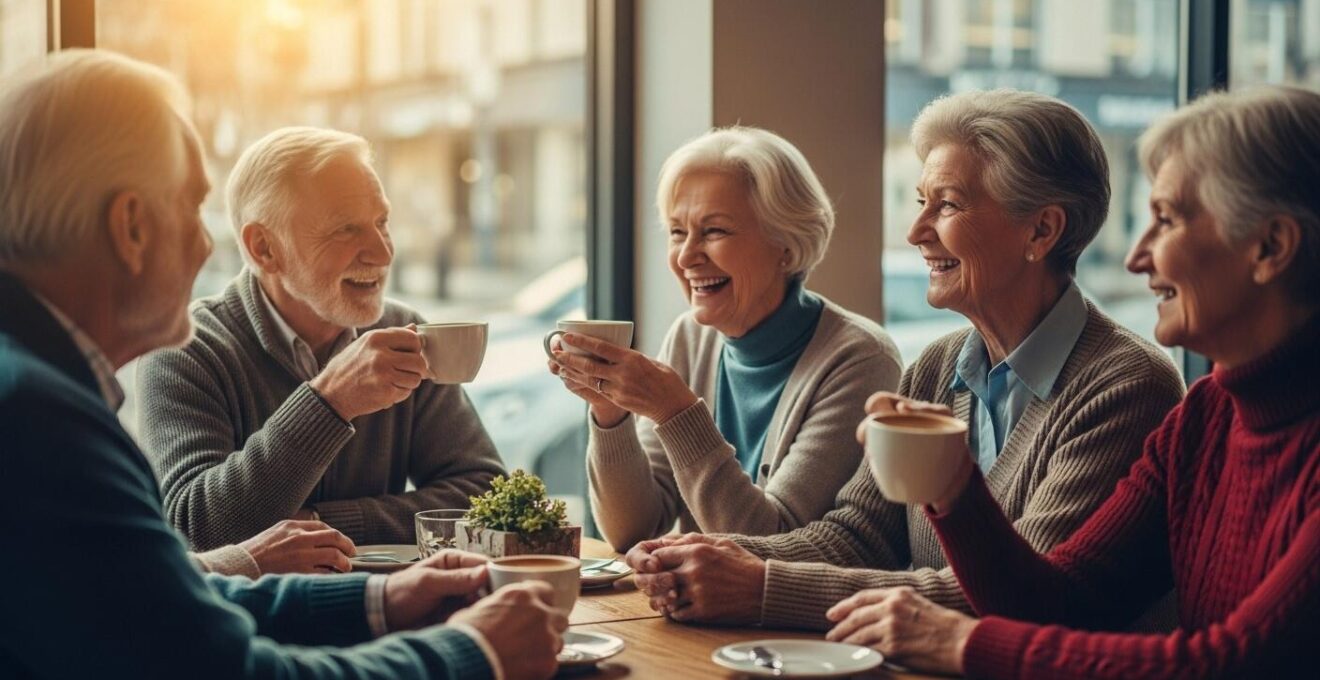Un groupe de seniors souriants en train de dialoguer et partager un moment convivial autour d'un café dans un cadre chaleureux