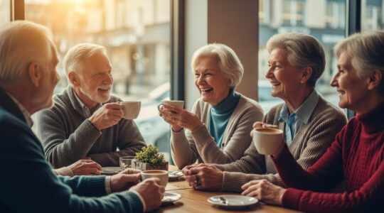 Un groupe de seniors souriants en train de dialoguer et partager un moment convivial autour d'un café dans un cadre chaleureux
