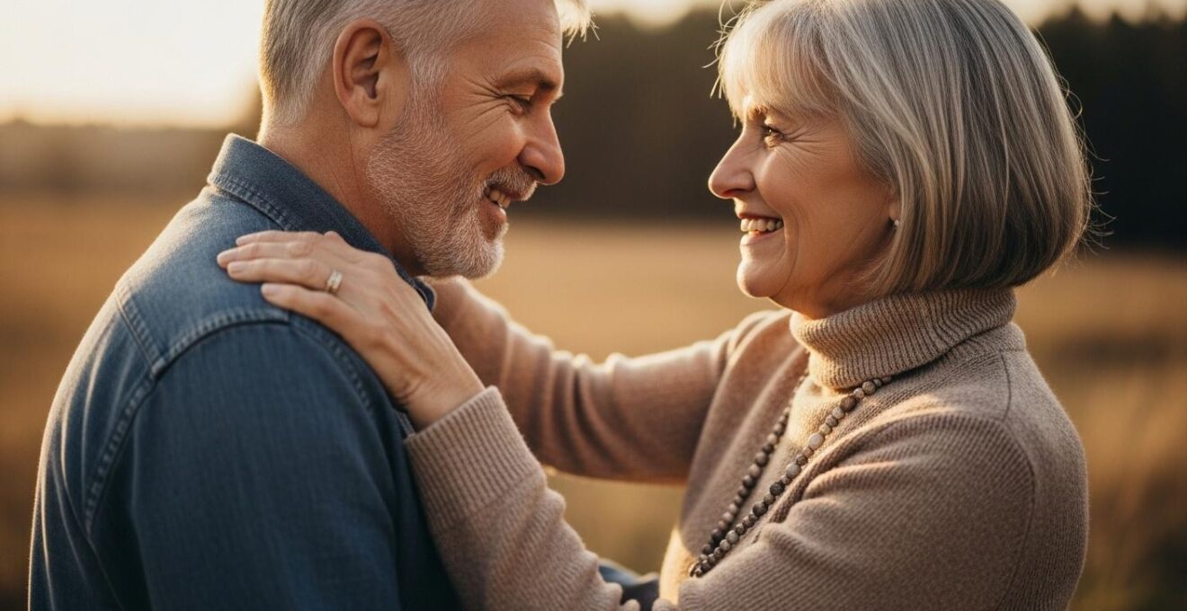 Couple senior joyeux partageant un moment complice dans un cadre naturel lumineux, symbole d'une nouvelle chance en amour après 50 ans