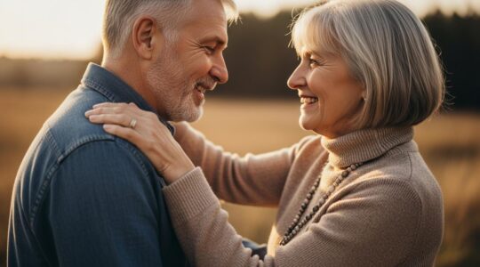 Couple senior joyeux partageant un moment complice dans un cadre naturel lumineux, symbole d'une nouvelle chance en amour après 50 ans