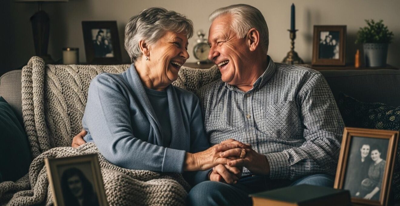Un couple senior riant ensemble dans un cadre convivial et chaleureux