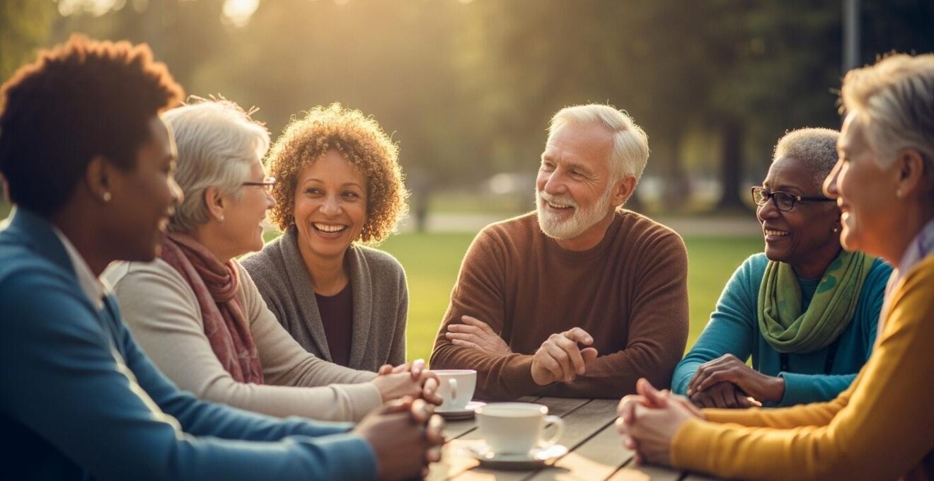 Un groupe de seniors souriants, de différentes origines, engagés dans une activité sociale en plein air dans un parc, symbolisant la création de liens