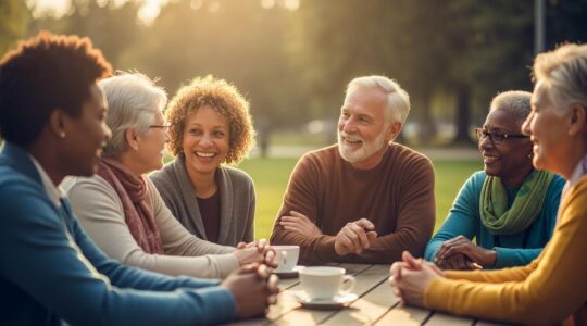 Un groupe de seniors souriants, de différentes origines, engagés dans une activité sociale en plein air dans un parc, symbolisant la création de liens