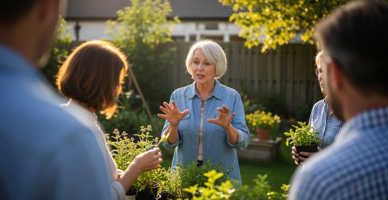 Senior montrant avec joie son jardin à un petit groupe lors d'un atelier convivial