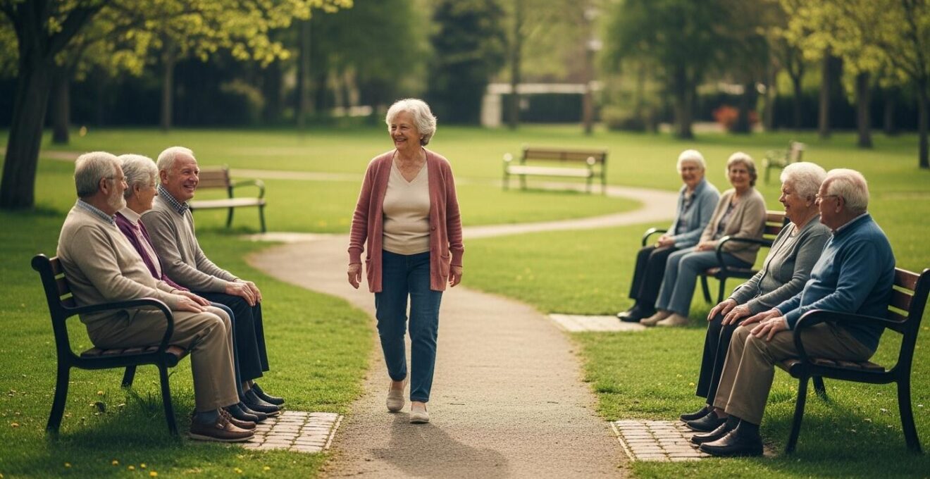 Senior souriant marchant avec un bâton de marche dans un parc, rencontrant des personnes amicales