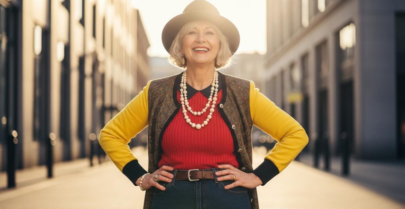 Portrait d'une femme senior élégante affichant confiance et style unique