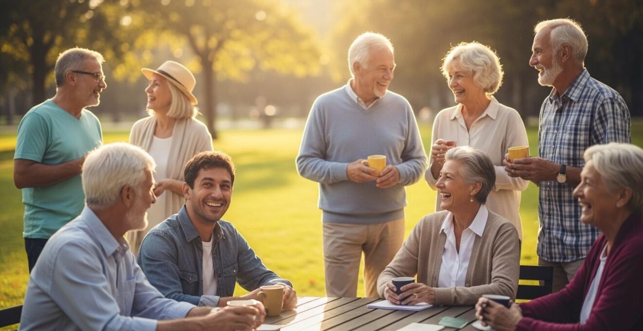 Seniors souriants échangeant des conversations dans un parc lumineux et convivial