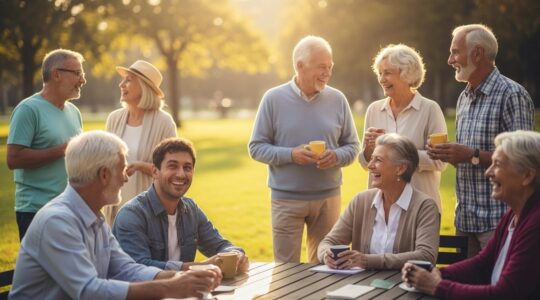 Seniors souriants échangeant des conversations dans un parc lumineux et convivial