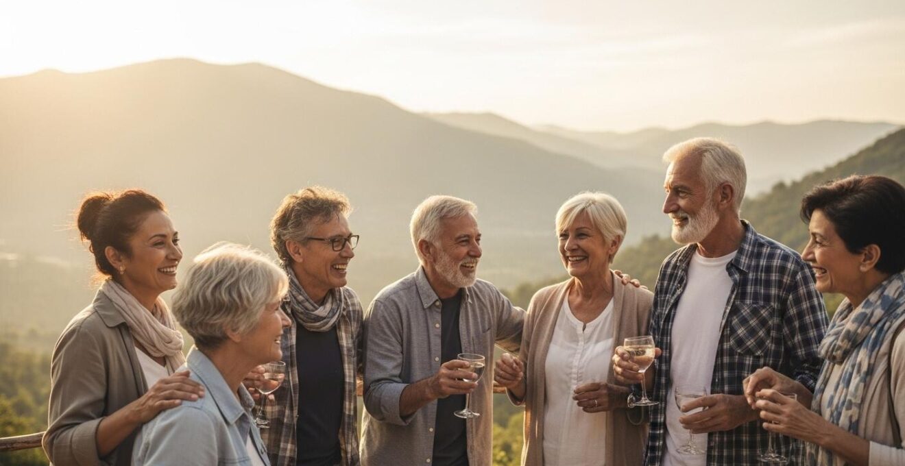 Un groupe de seniors heureux en voyage, découvrant un paysage naturel pittoresque tout en échangeant et riant ensemble.